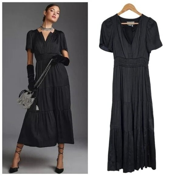 Anthropologie The‎ Somerset V-Neck Empire Waist Tiered Midi Dress Black Sz Small